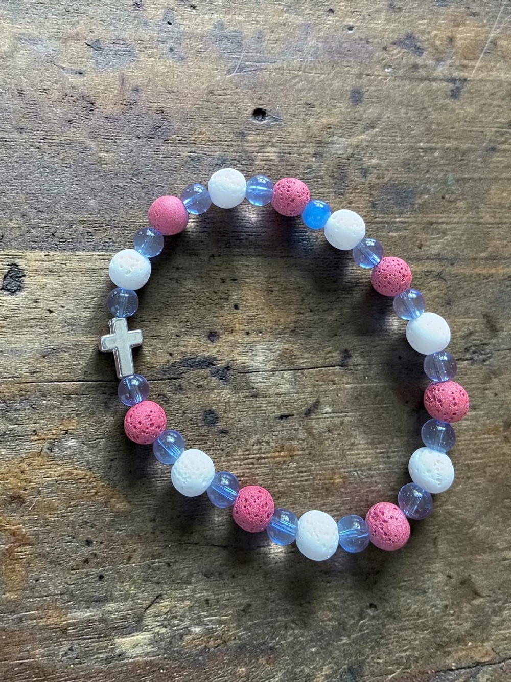 Styleandstone NWT Patriotic Red White Blue Lava Rock Cross Bracelet